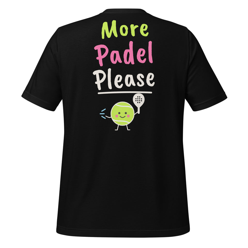 What’s The Score? Padel Tee – Black, back (large More Padel Please logo)