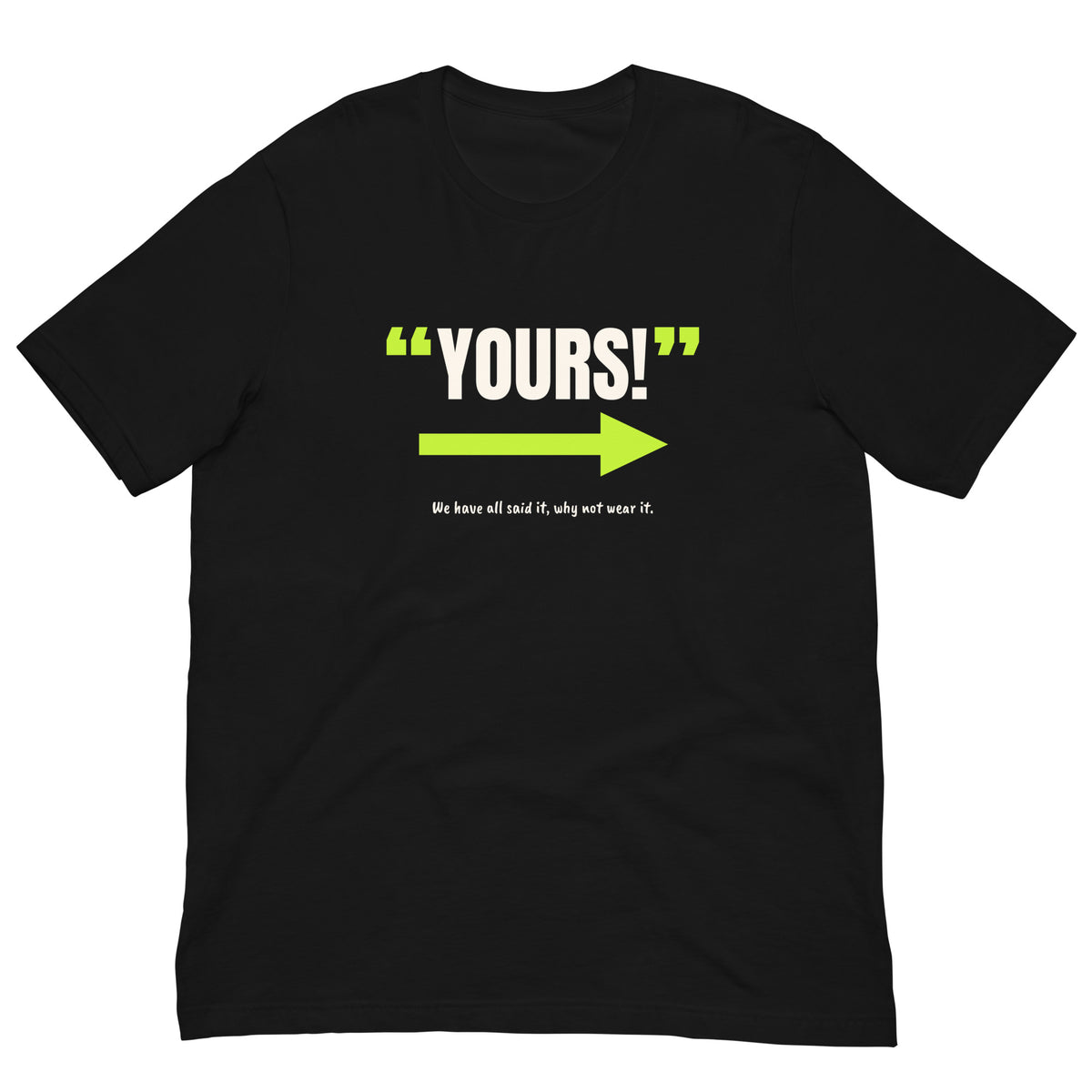 Yours! Padel Tee – Black, front (“Yours!” print)