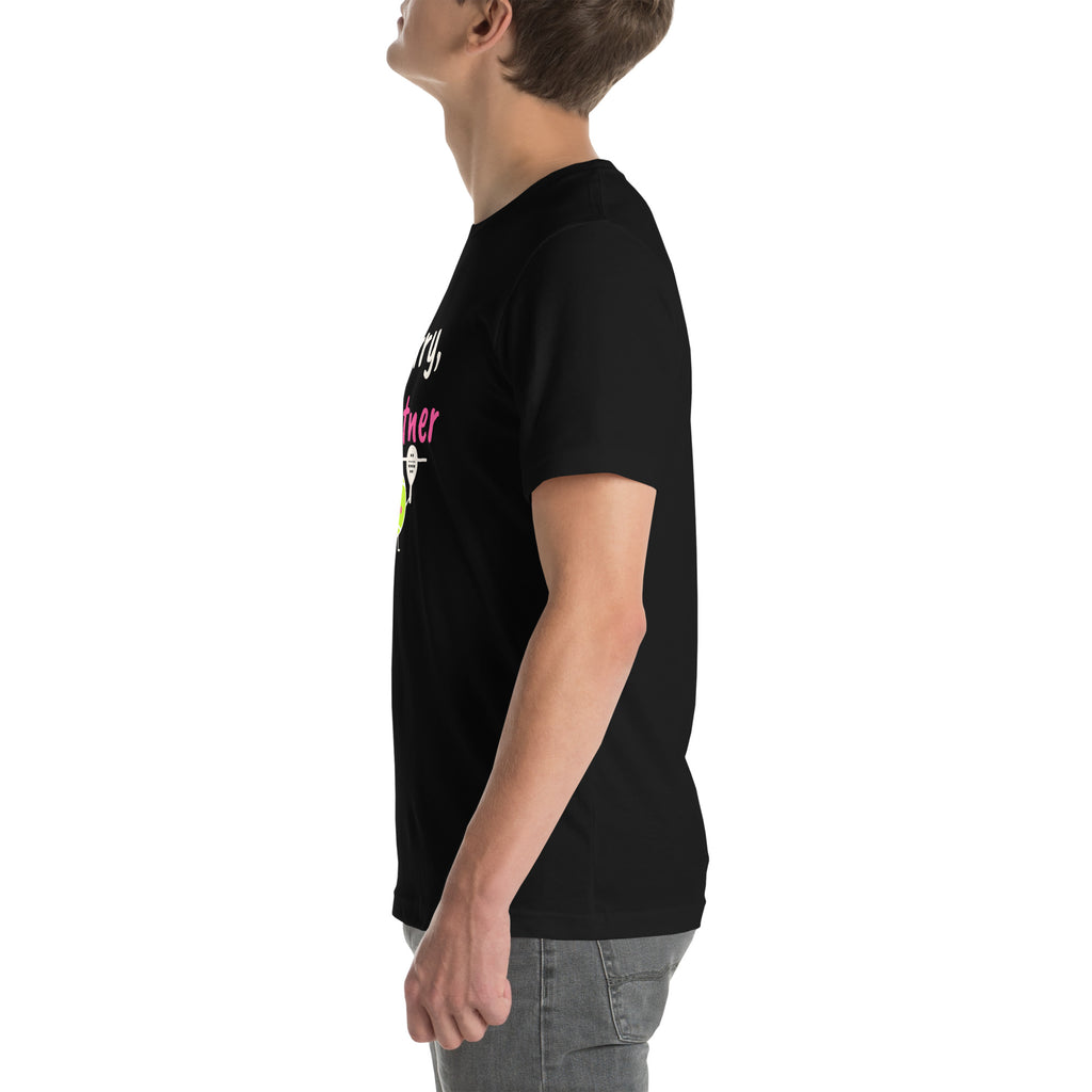Left side of the black Sorry, Partner Padel Tee