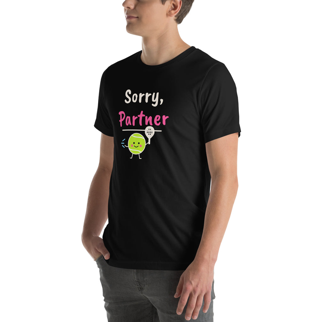 Front-left view of the black Sorry, Partner Padel Tee