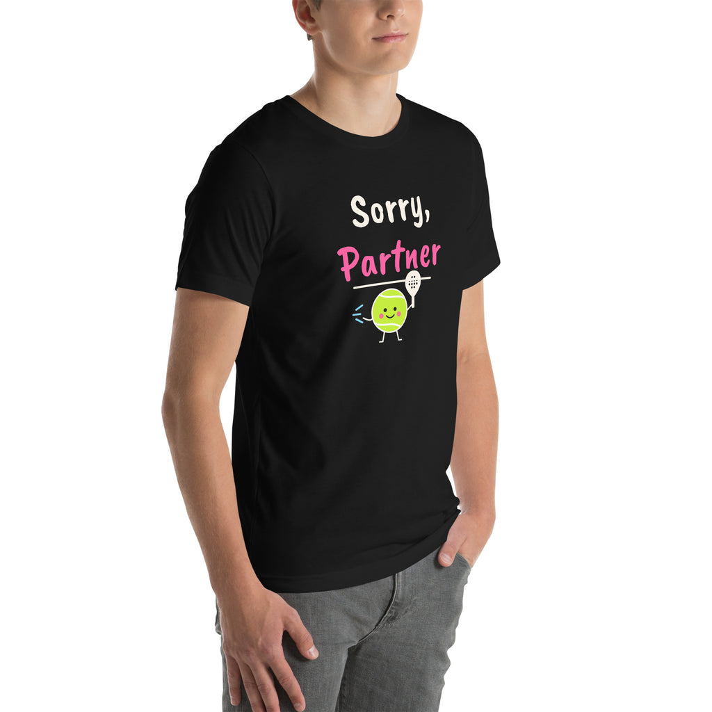 Front-right view of the black Sorry, Partner Padel Tee