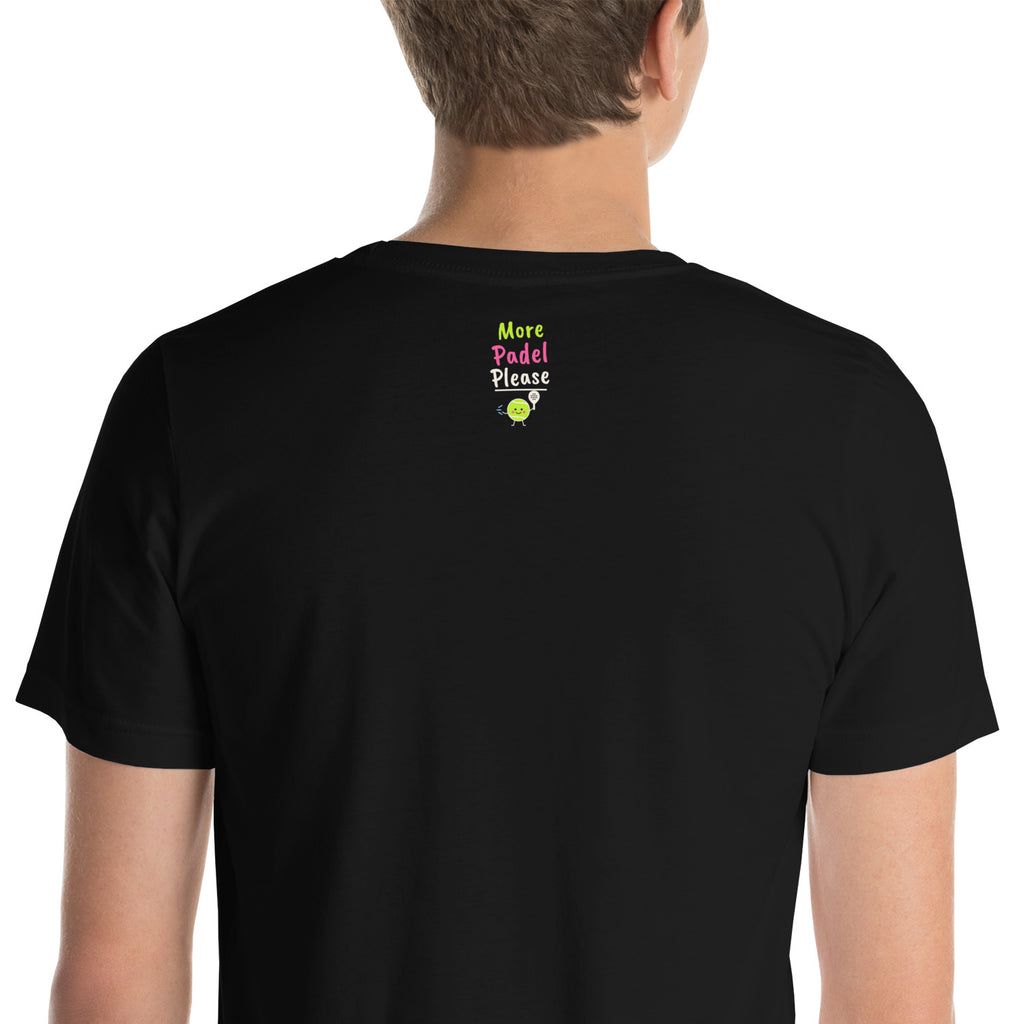 Close-up of the More Padel Please logo under the collar on the back of the black Sorry, Partner Padel Tee
