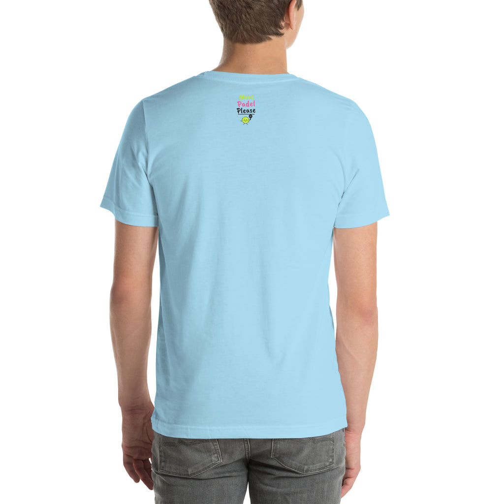Back of the ocean blue Off the Glass Padel Tee showing the More Padel Please logo under the collar