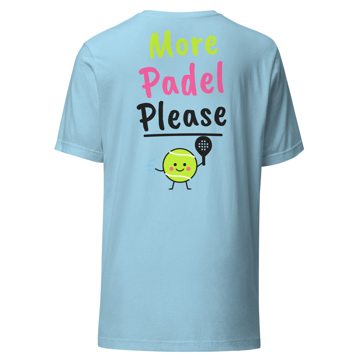 Stay Up! Padel Tee – Ocean Blue, back (large More Padel Please logo)