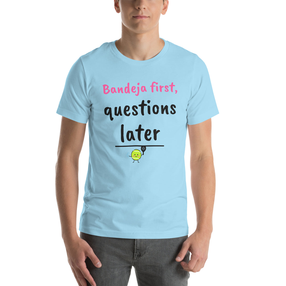 Front of the ocean blue Bandeja First Padel Tee