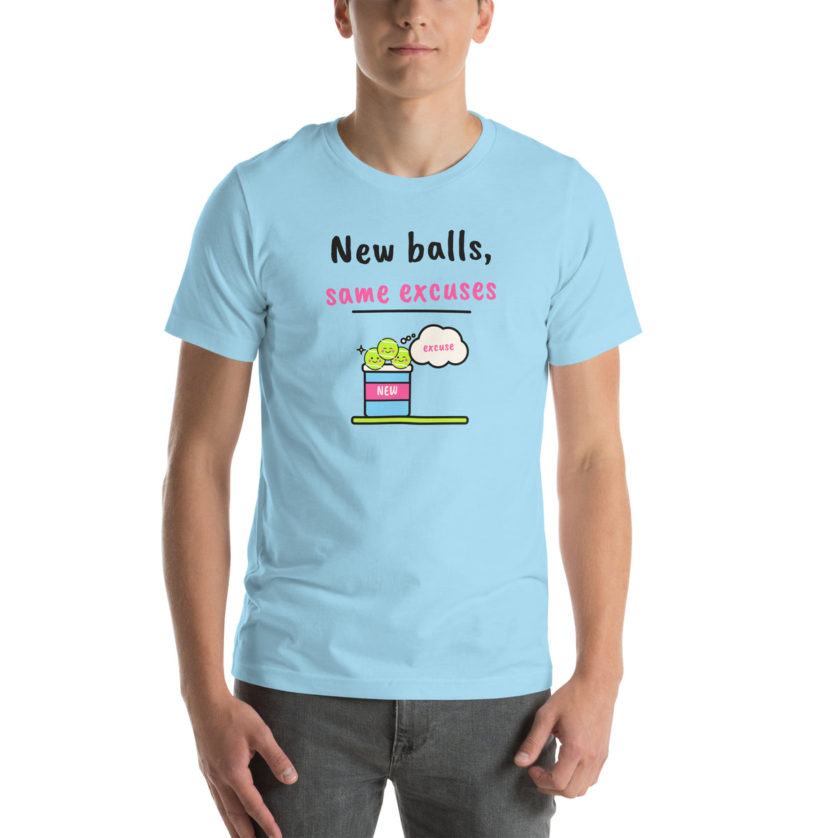Front of the ocean blue New Balls, Same Excuses Padel Tee
