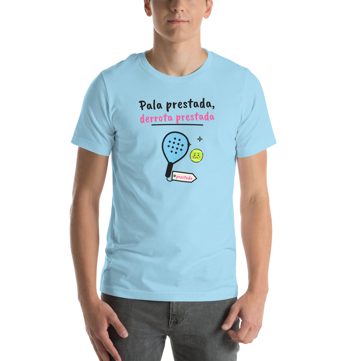 Front of the ocean blue Pala Prestada, Derrota Prestada Padel Tee