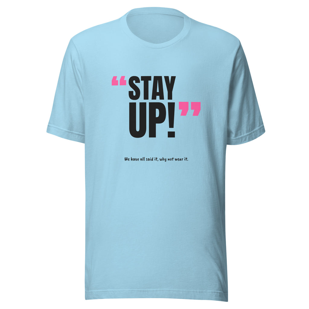 Stay Up! Padel Tee – Ocean Blue, front (“Stay up!” print)
