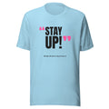 Stay Up! Padel Tee – Ocean Blue, front (“Stay up!” print)