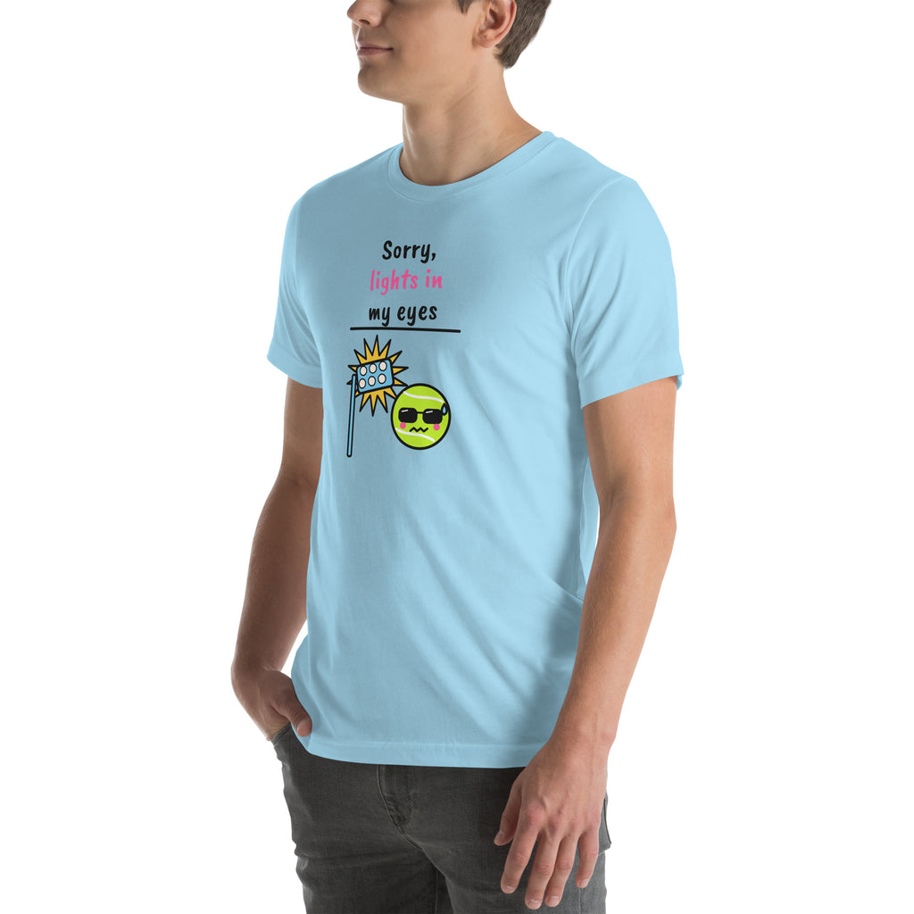 Front-left view of the ocean blue Sorry, Lights In My Eyes Padel Tee