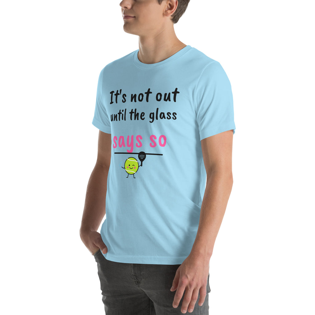 Front-left view of the ocean blue Glass Says So Padel Tee