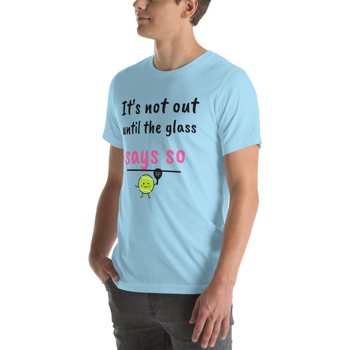 Front-left view of the ocean blue Glass Says So Padel Tee