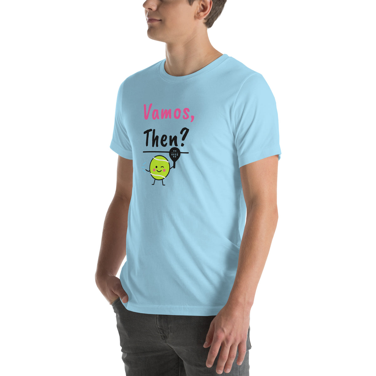 Front-left view of the ocean blue Vamos, Then? Padel Tee