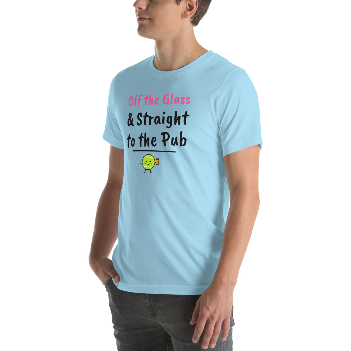 Front-left view of the ocean blue Off the Glass Padel Tee