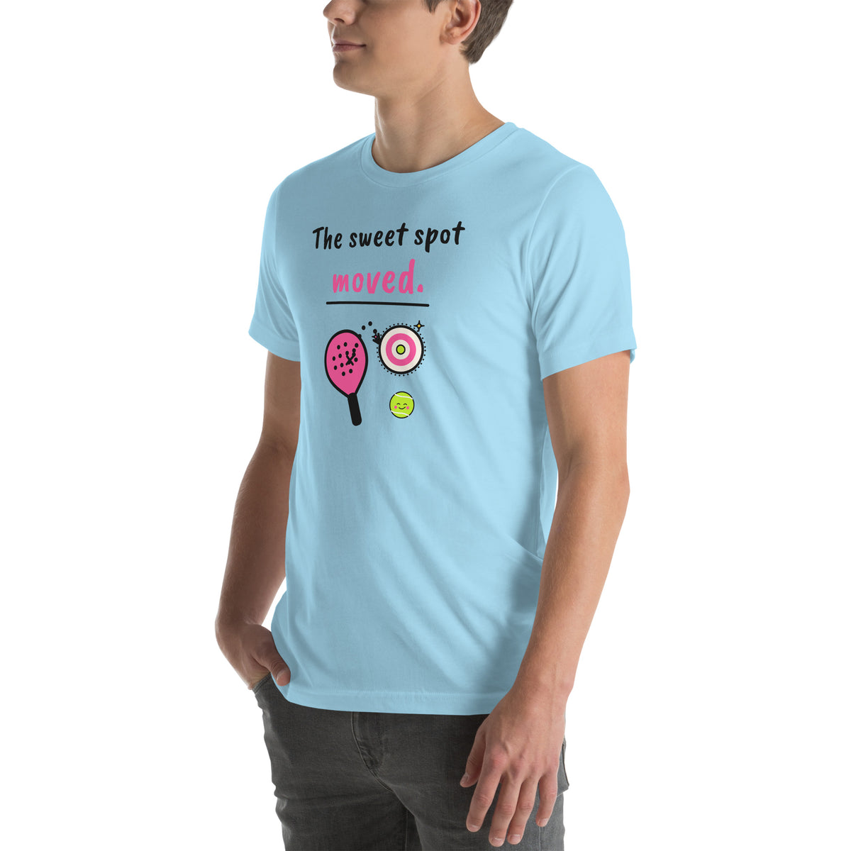 Front-left view of the ocean blue The Sweet Spot Moved. Padel Tee