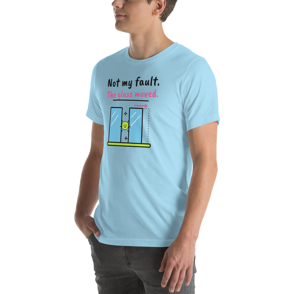 Front-left view of the ocean blue Not My Fault. The Glass Moved. Padel Tee