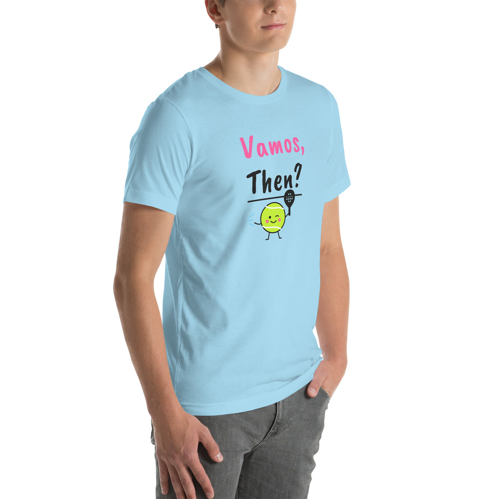 Front-right view of the ocean blue Vamos, Then? Padel Tee