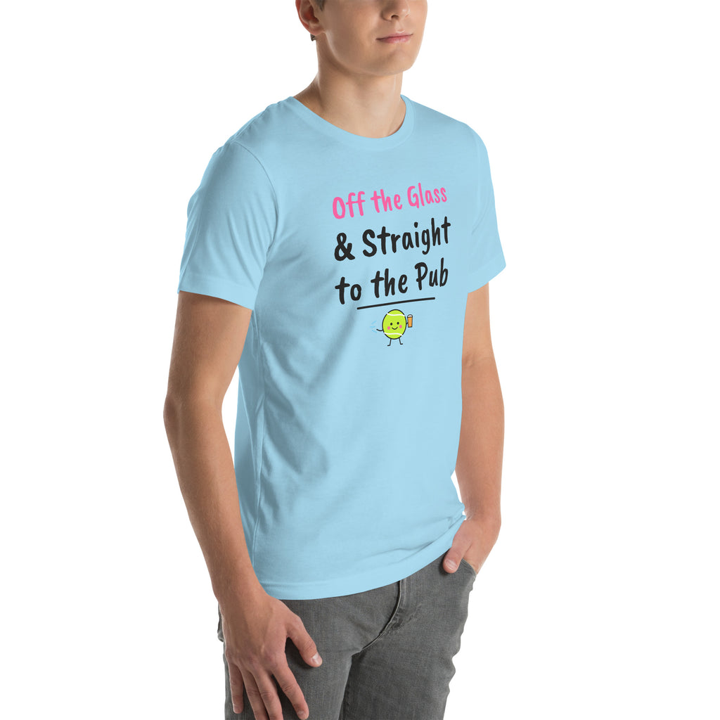 Front-right view of the ocean blue Off the Glass Padel Tee