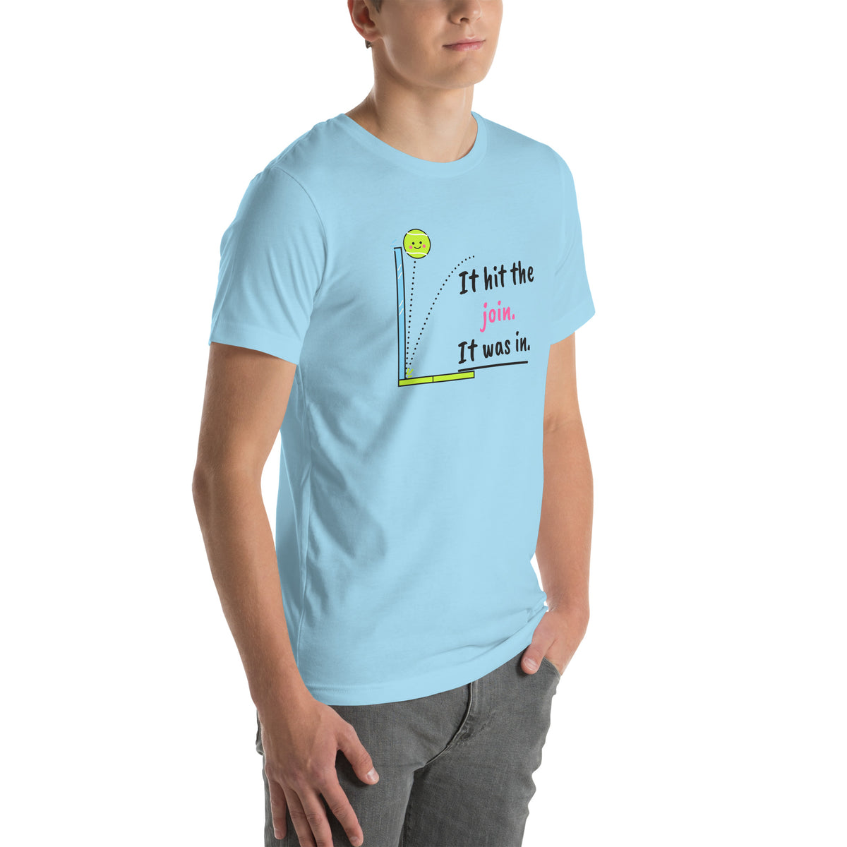 Front-right view of the ocean blue It Hit The Join. It Was In. Padel Tee