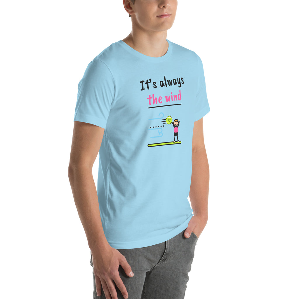 Front-right view of the ocean blue It's Always The Wind Padel Tee