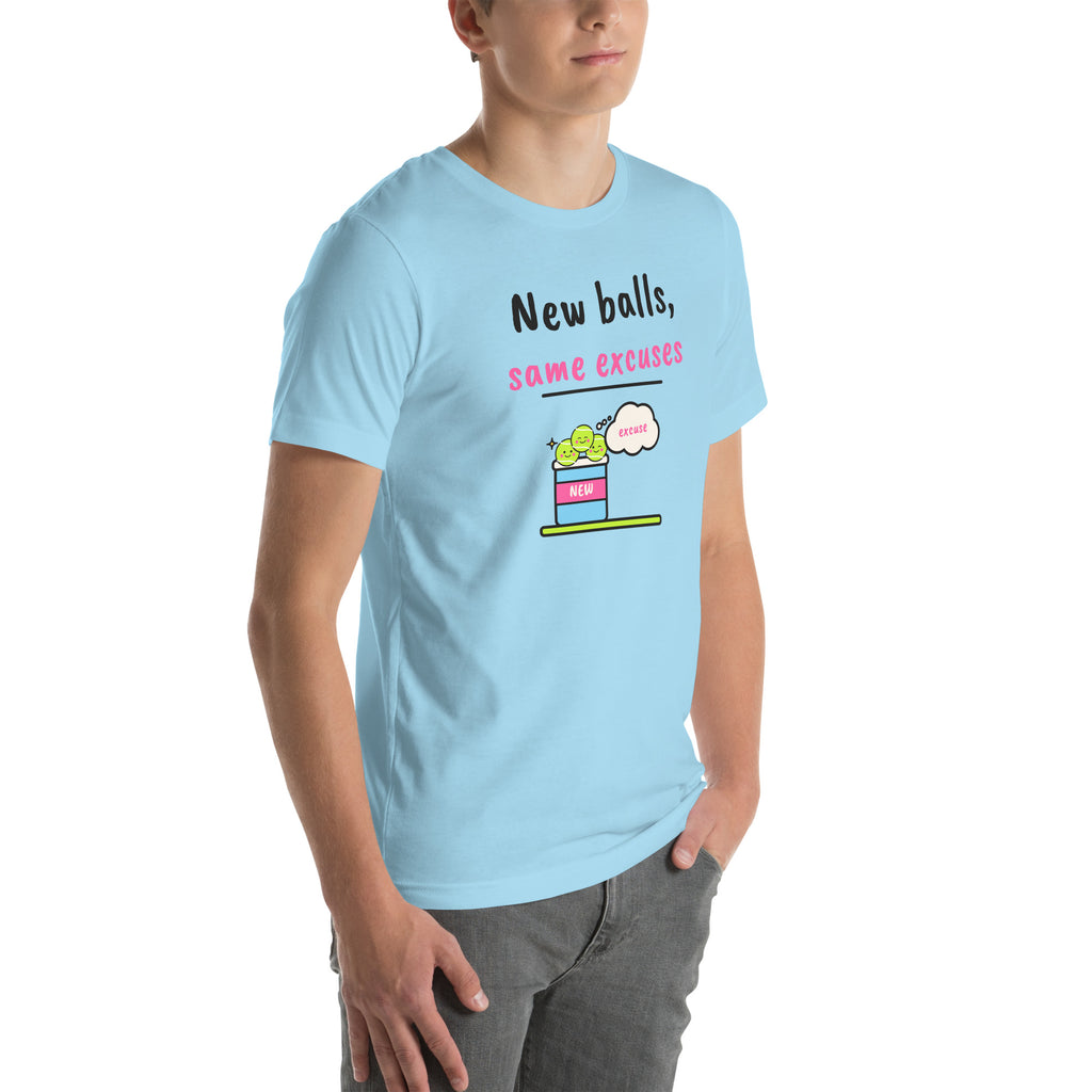 Front-right view of the ocean blue New Balls, Same Excuses Padel Tee