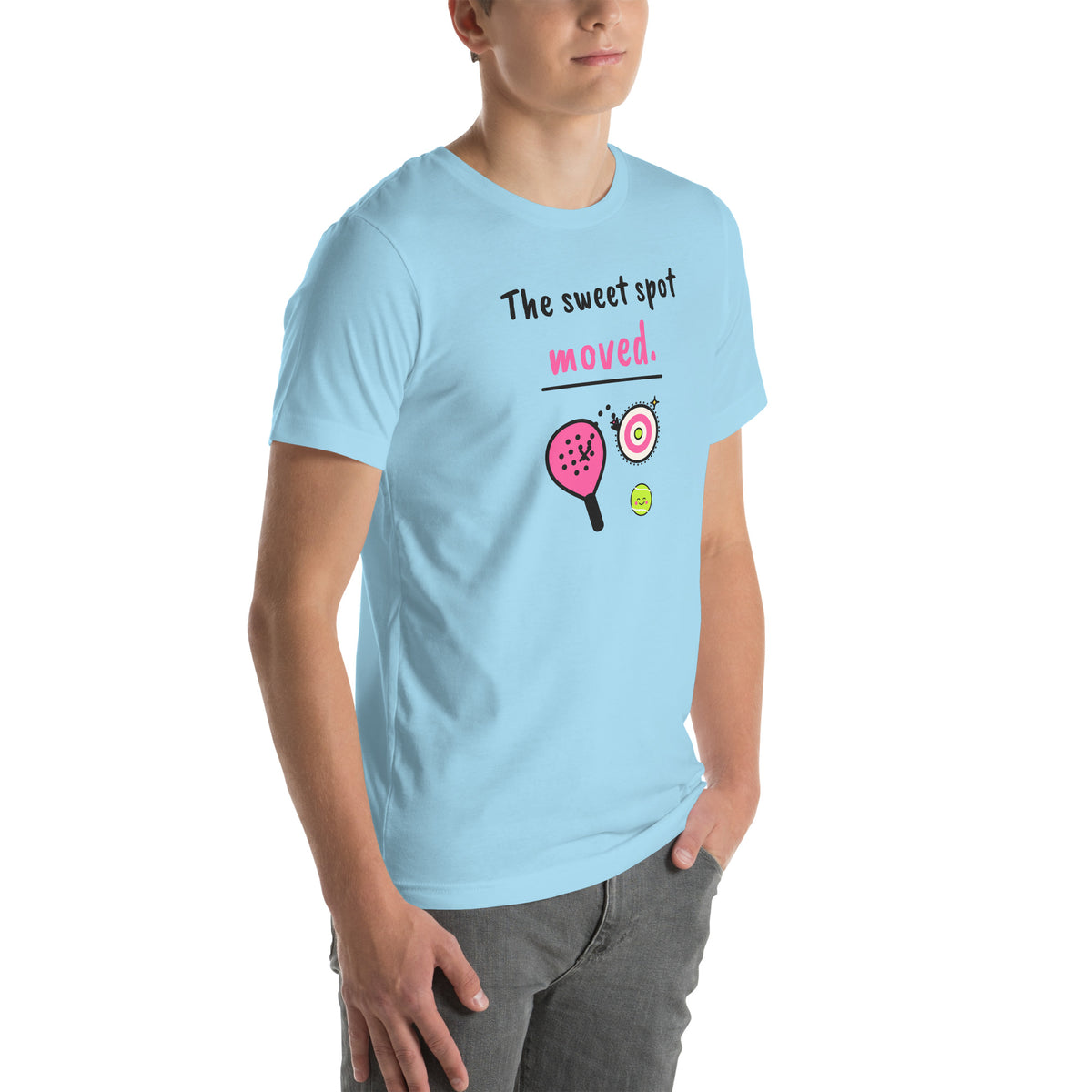 Front-right view of the ocean blue The Sweet Spot Moved. Padel Tee