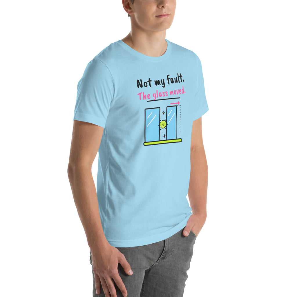 Front-right view of the ocean blue Not My Fault. The Glass Moved. Padel Tee