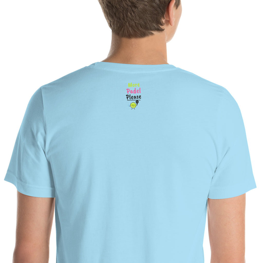 Close-up of the More Padel Please logo under the collar on the back of the ocean blue Off the Glass Padel Tee