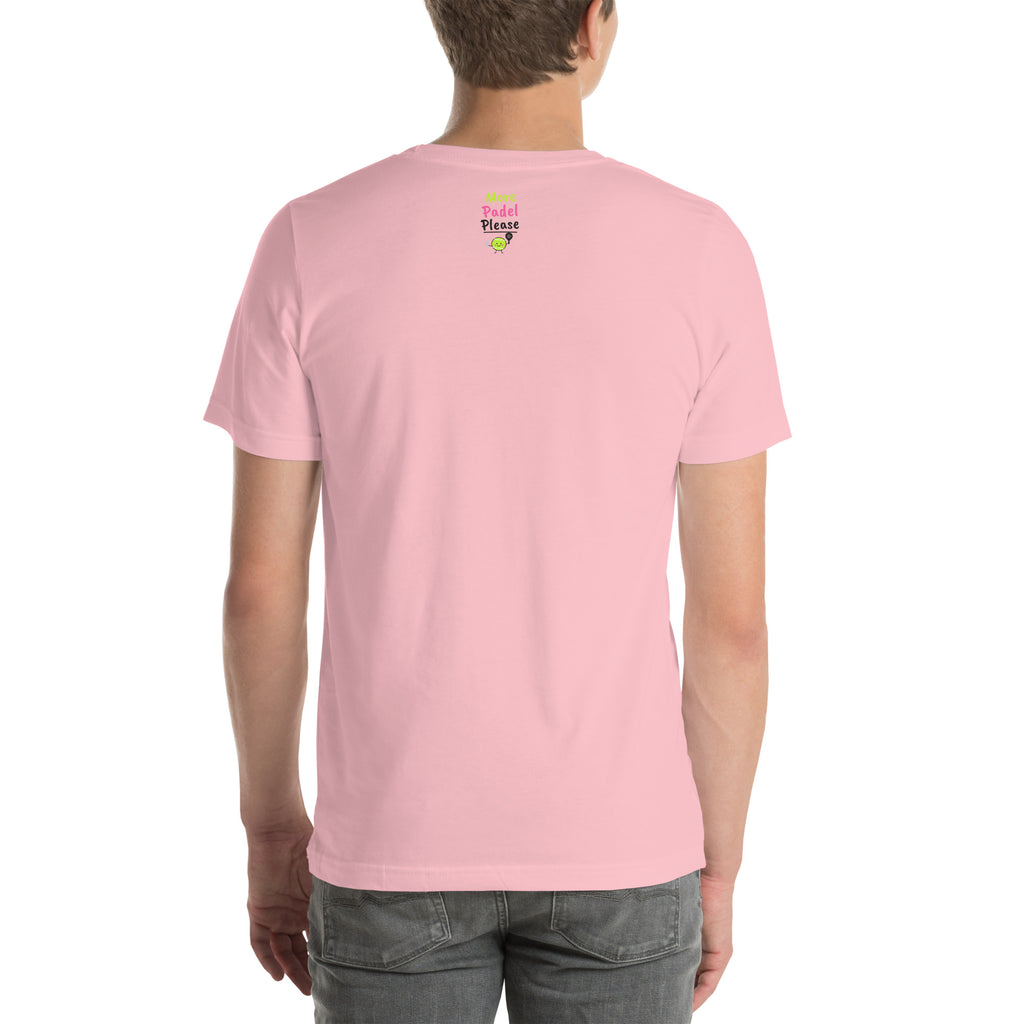 Back of the pink Más Pádel, Por Favor Padel Tee showing the More Padel Please logo under the collar