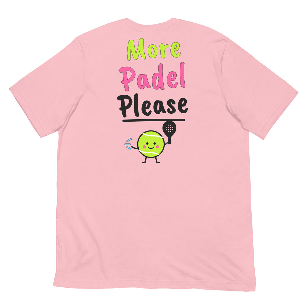 Let’s Go! Padel Tee – Pink, back (large More Padel Please logo)