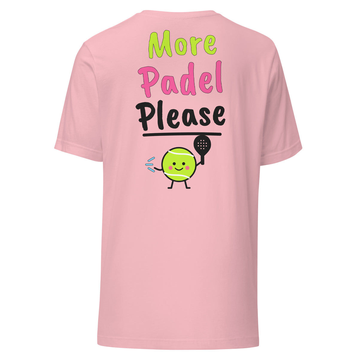 Switch! Padel Tee – Pink, back (large More Padel Please logo)