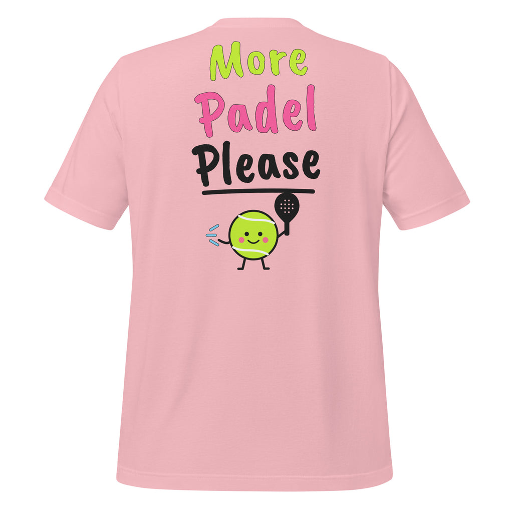 What’s The Score? Padel Tee – Pink, back (large More Padel Please logo)