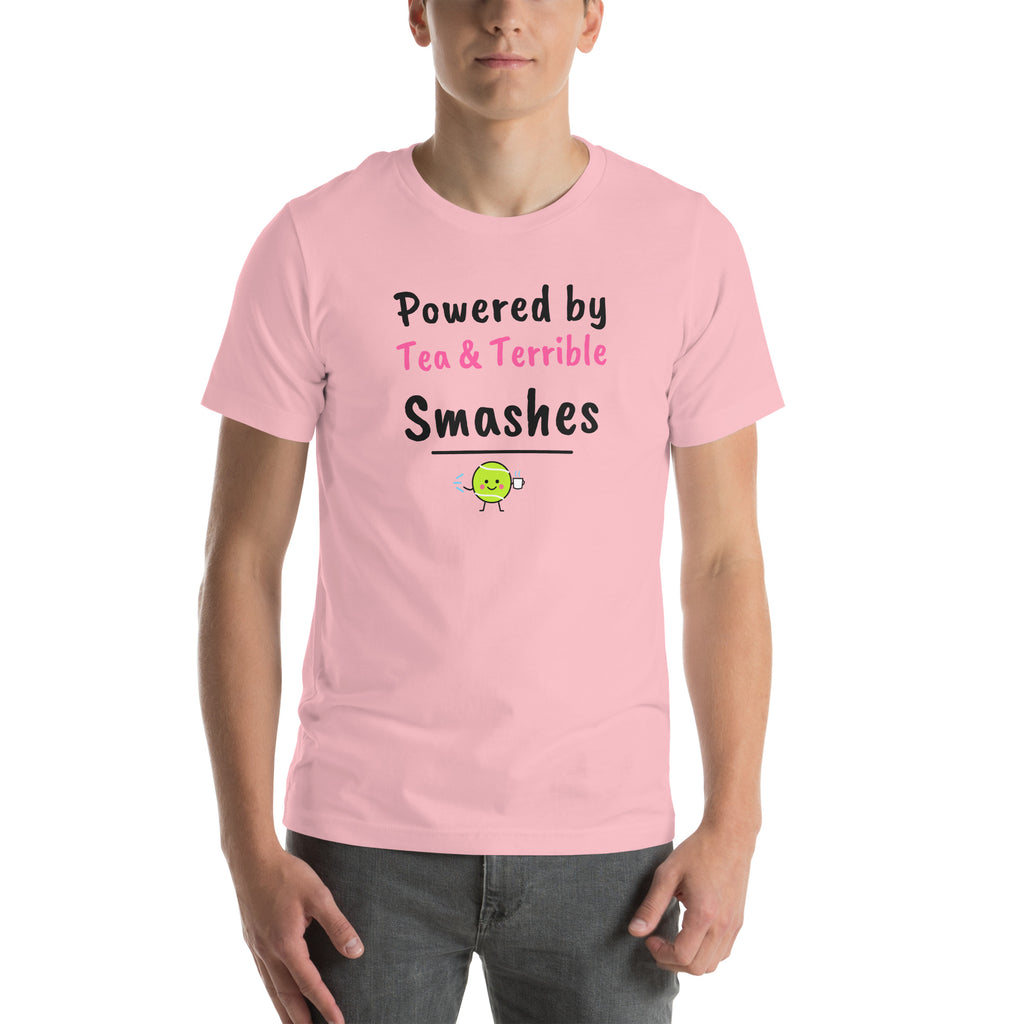 Front of the pink Tea & Terrible Smashes Padel Tee