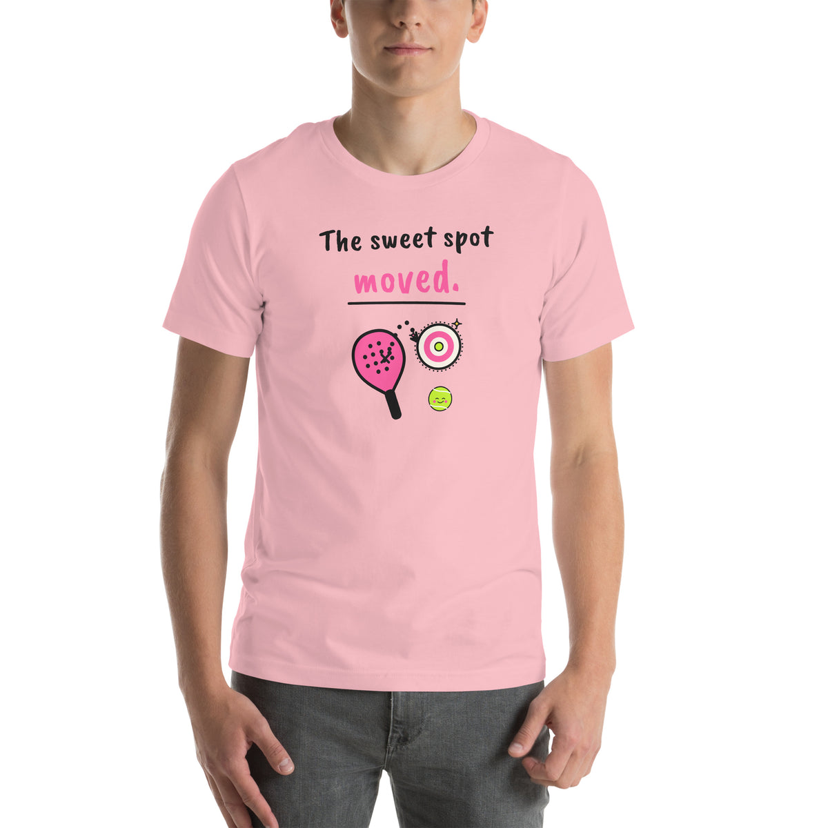 Front of the pink The Sweet Spot Moved. Padel Tee