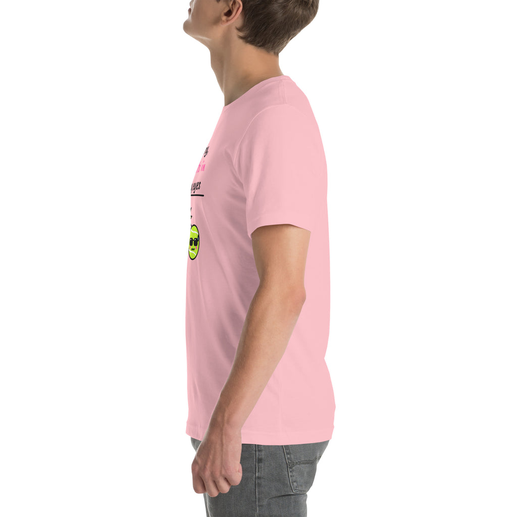 Left side of the pink Sorry, Lights In My Eyes Padel Tee