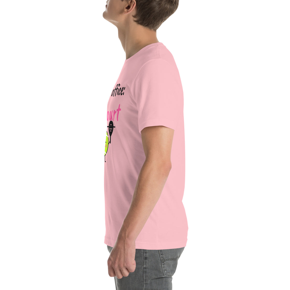 Left side of the pink Out of Office Padel Tee