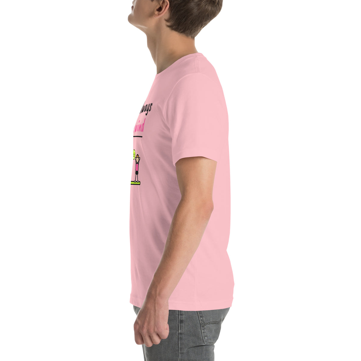 Left side of the pink It's Always The Wind Padel Tee