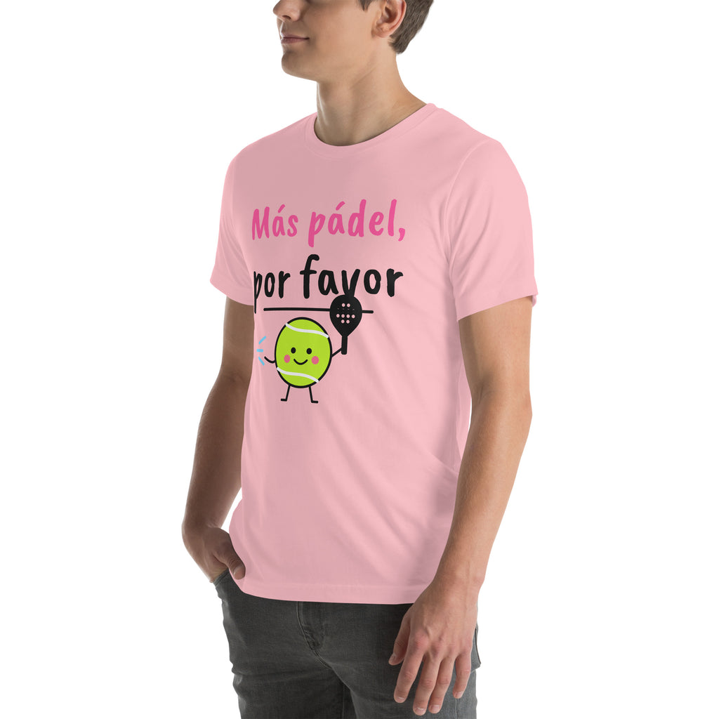 Front-left view of the pink Más Pádel, Por Favor Padel Tee