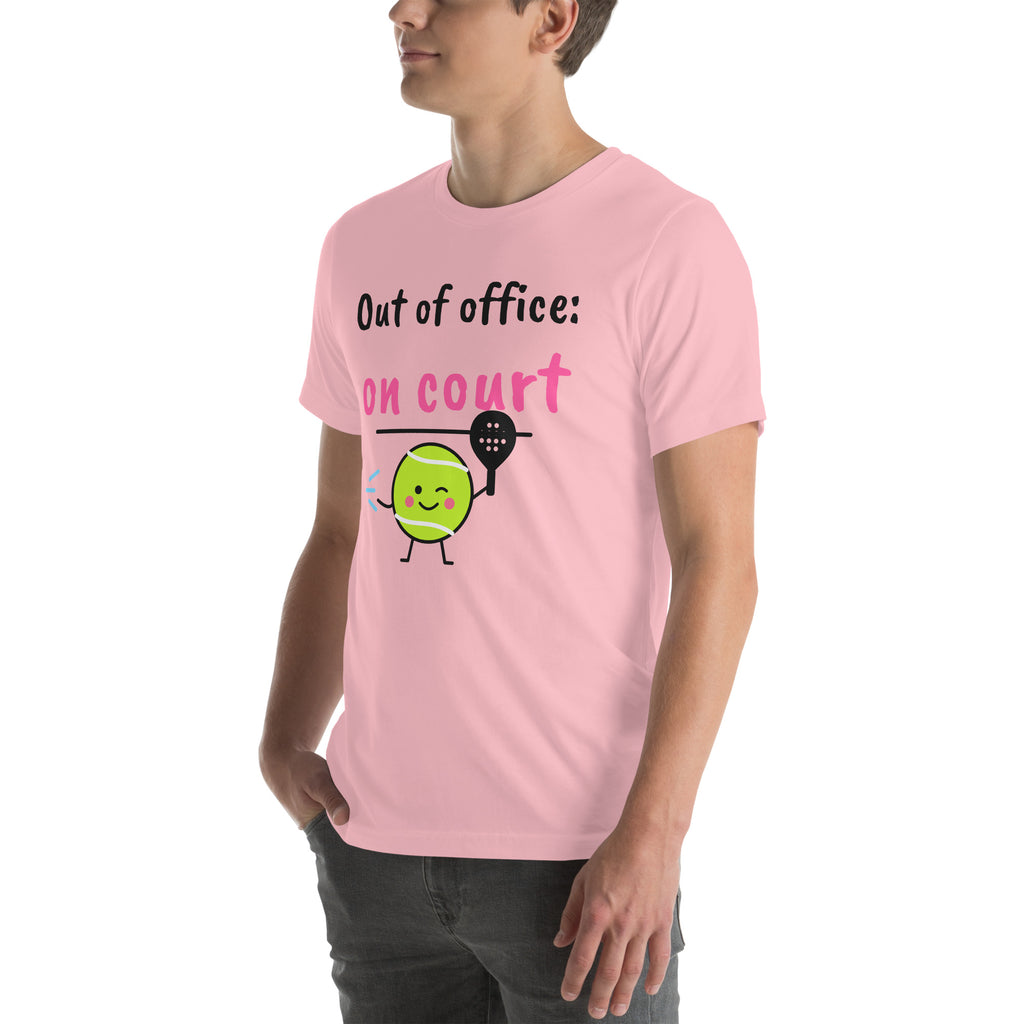 Front-left view of the pink Out of Office Padel Tee