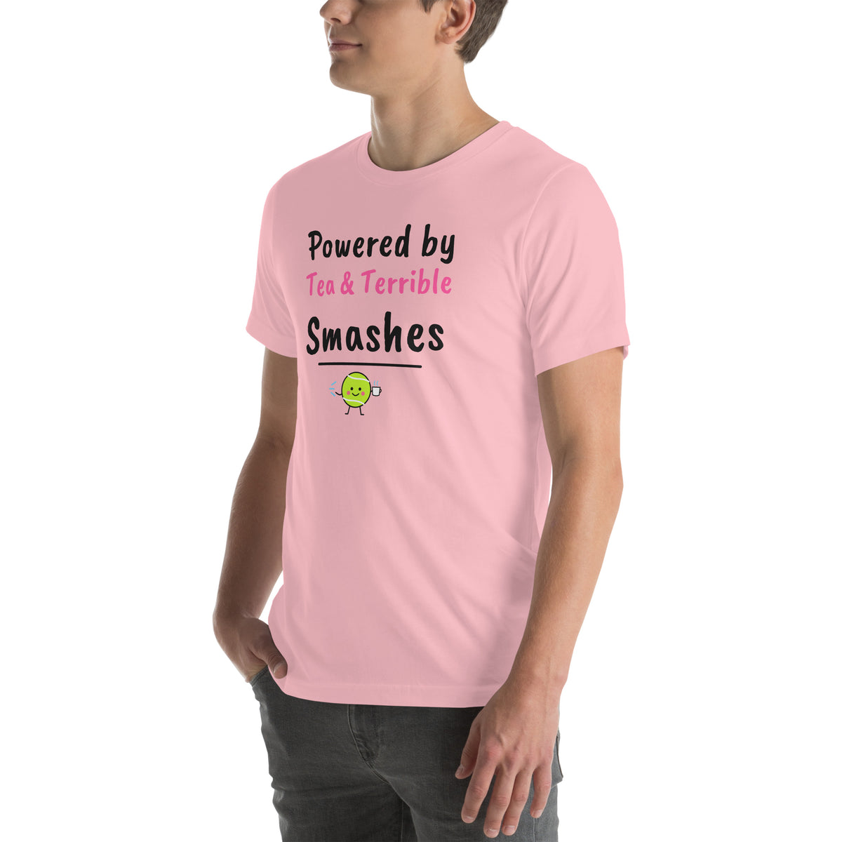Front-left view of the pink Tea & Terrible Smashes Padel Tee