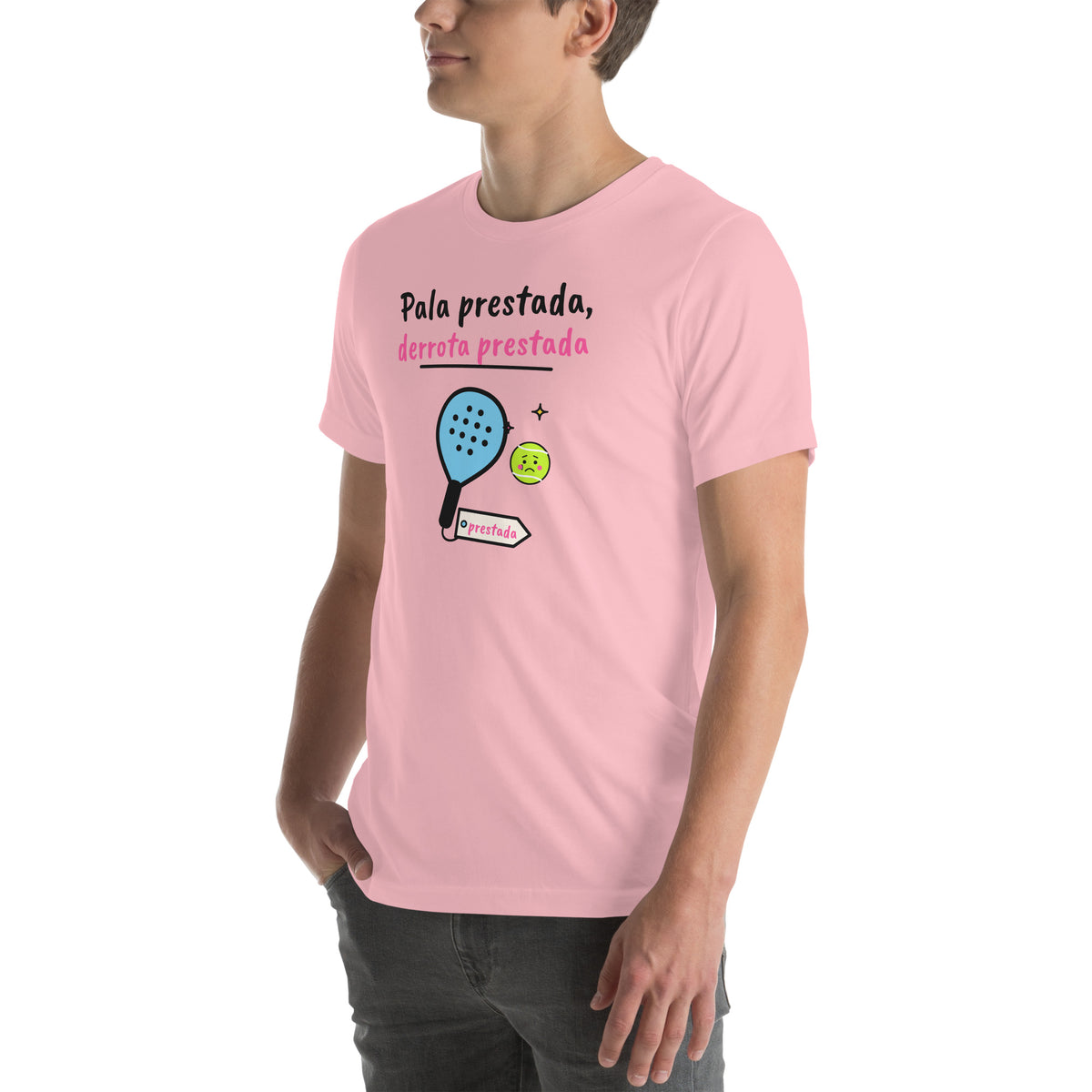 Front-left view of the pink Pala Prestada, Derrota Prestada Padel Tee