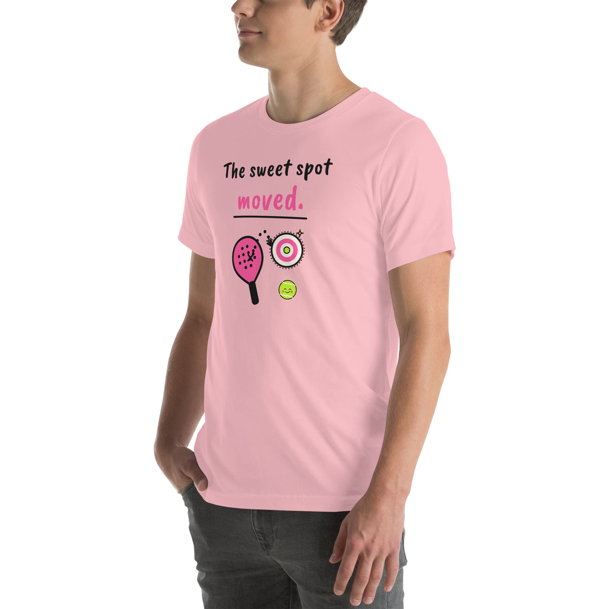 Front-left view of the pink The Sweet Spot Moved. Padel Tee
