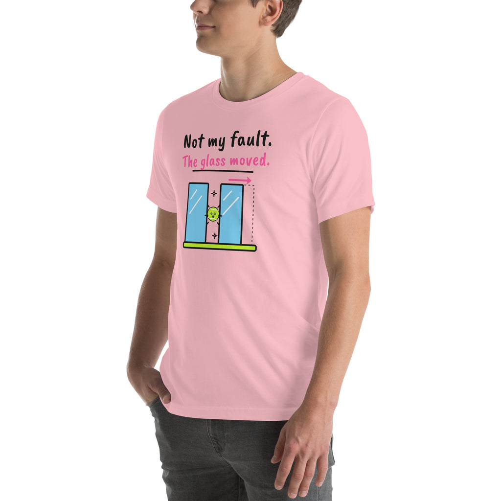 Front-left view of the pink Not My Fault. The Glass Moved. Padel Tee