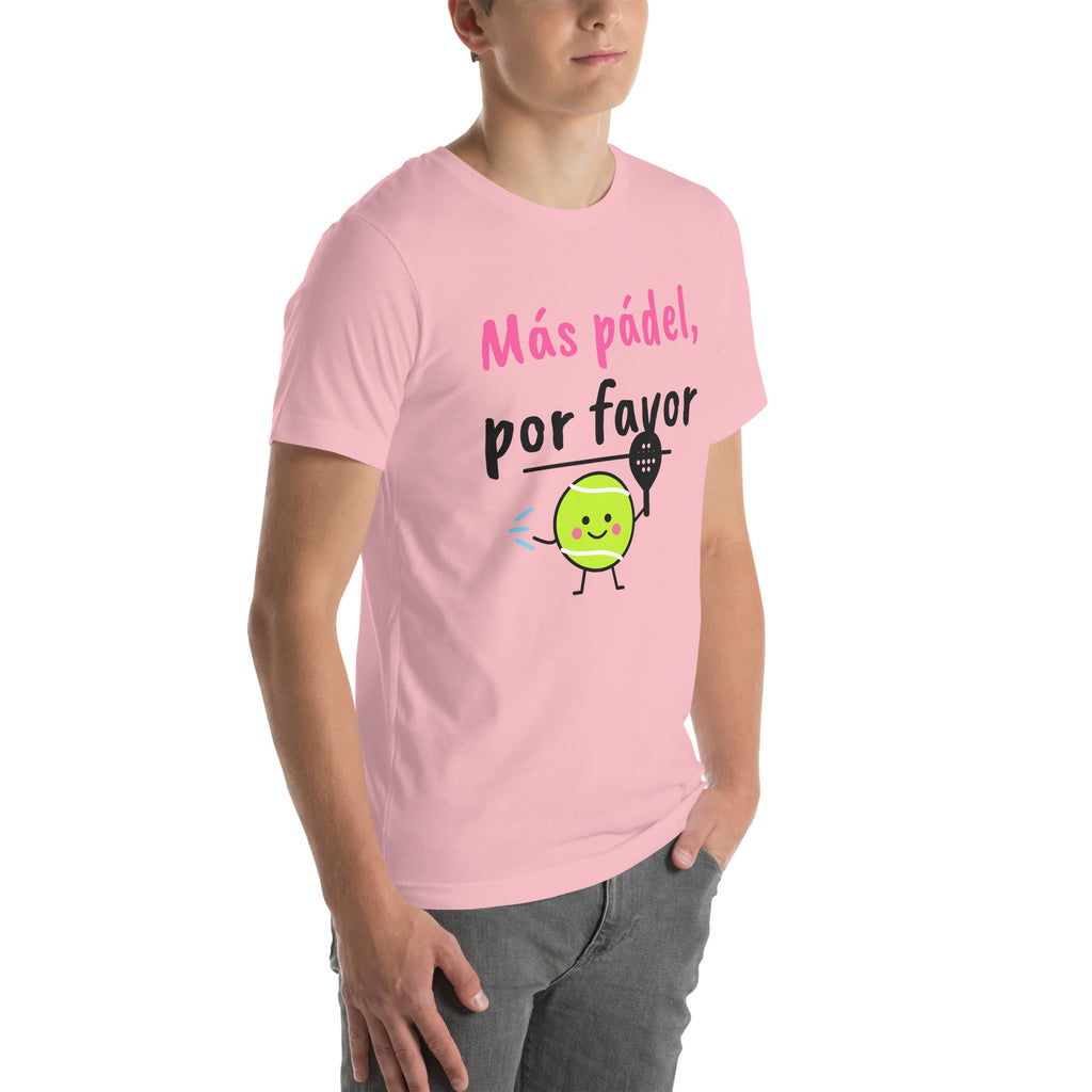 Front-right view of the pink Más Pádel, Por Favor Padel Tee