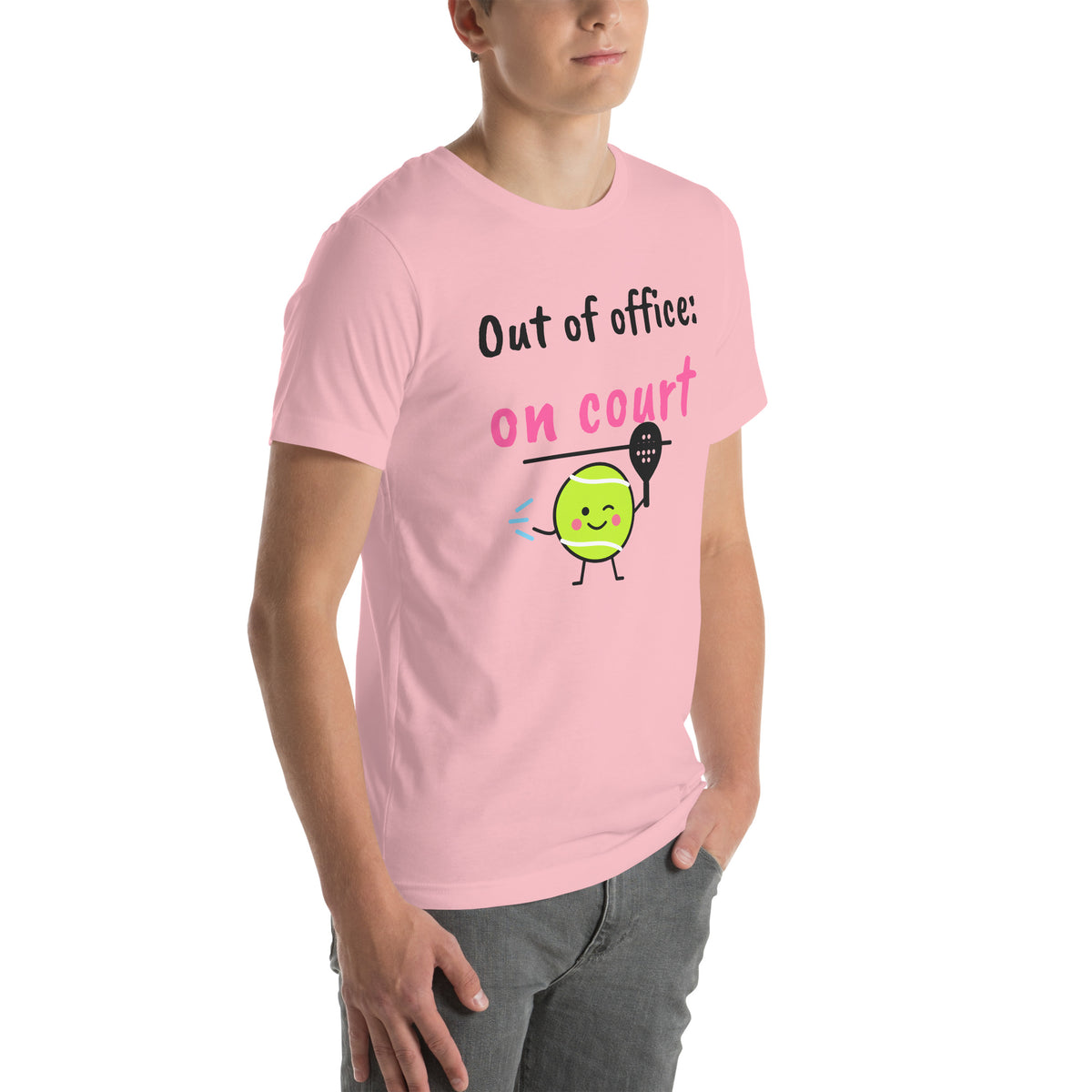 Front-right view of the pink Out of Office Padel Tee
