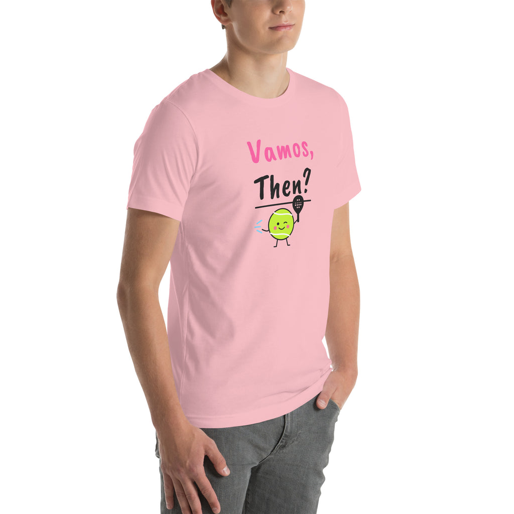 Front-right view of the pink Vamos, Then? Padel Tee