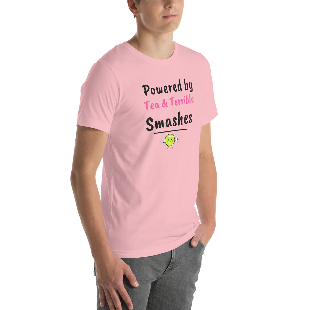 Front-right view of the pink Tea & Terrible Smashes Padel Tee