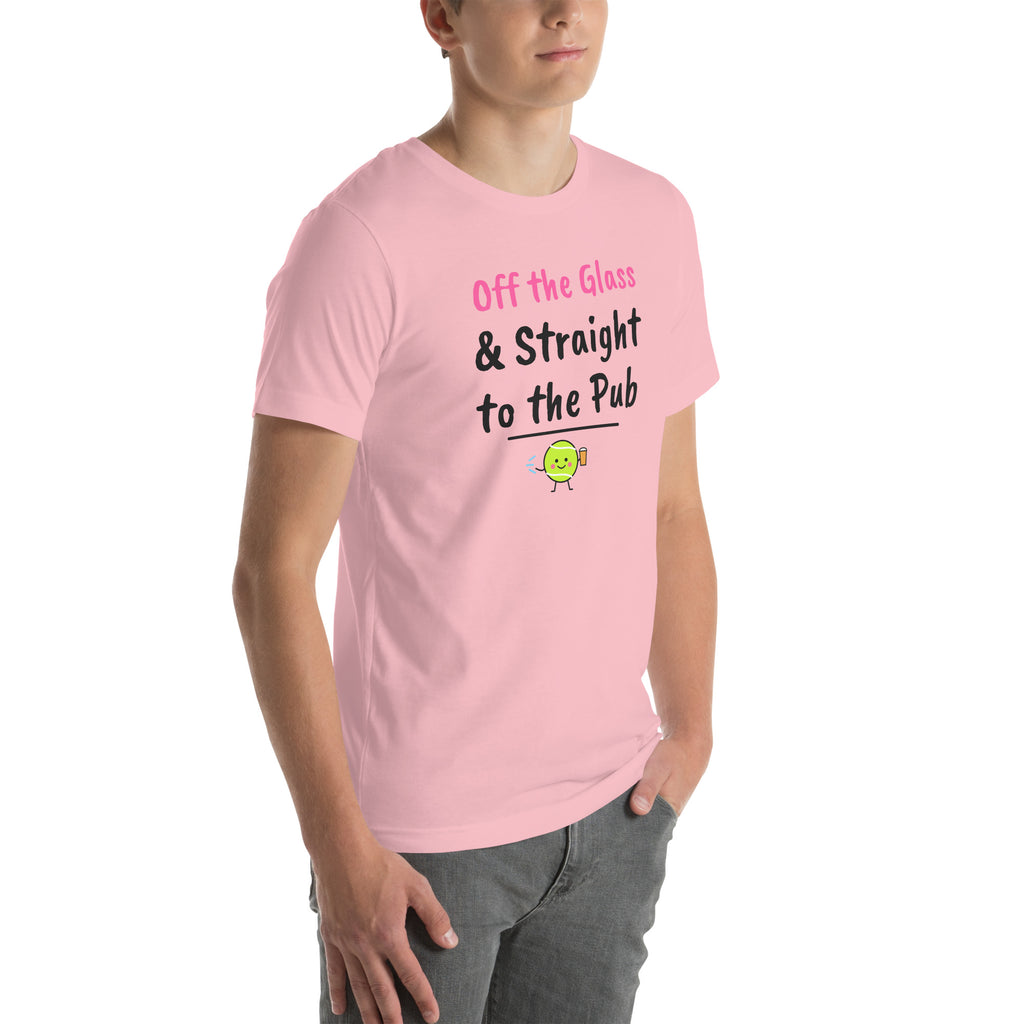 Front-right view of the pink Off the Glass Padel Tee