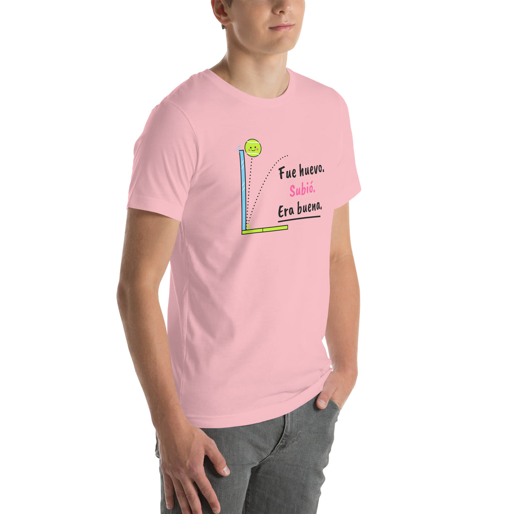 Front-right view of the pink Fue Huevo. Subió. Era Buena. Padel Tee