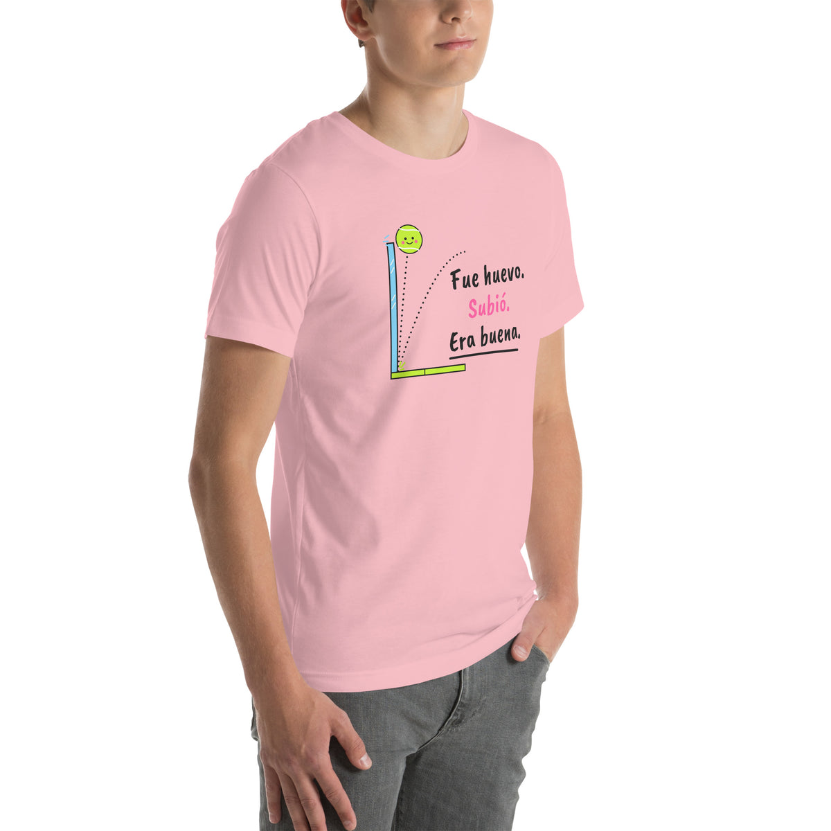 Front-right view of the pink Fue Huevo. Subió. Era Buena. Padel Tee